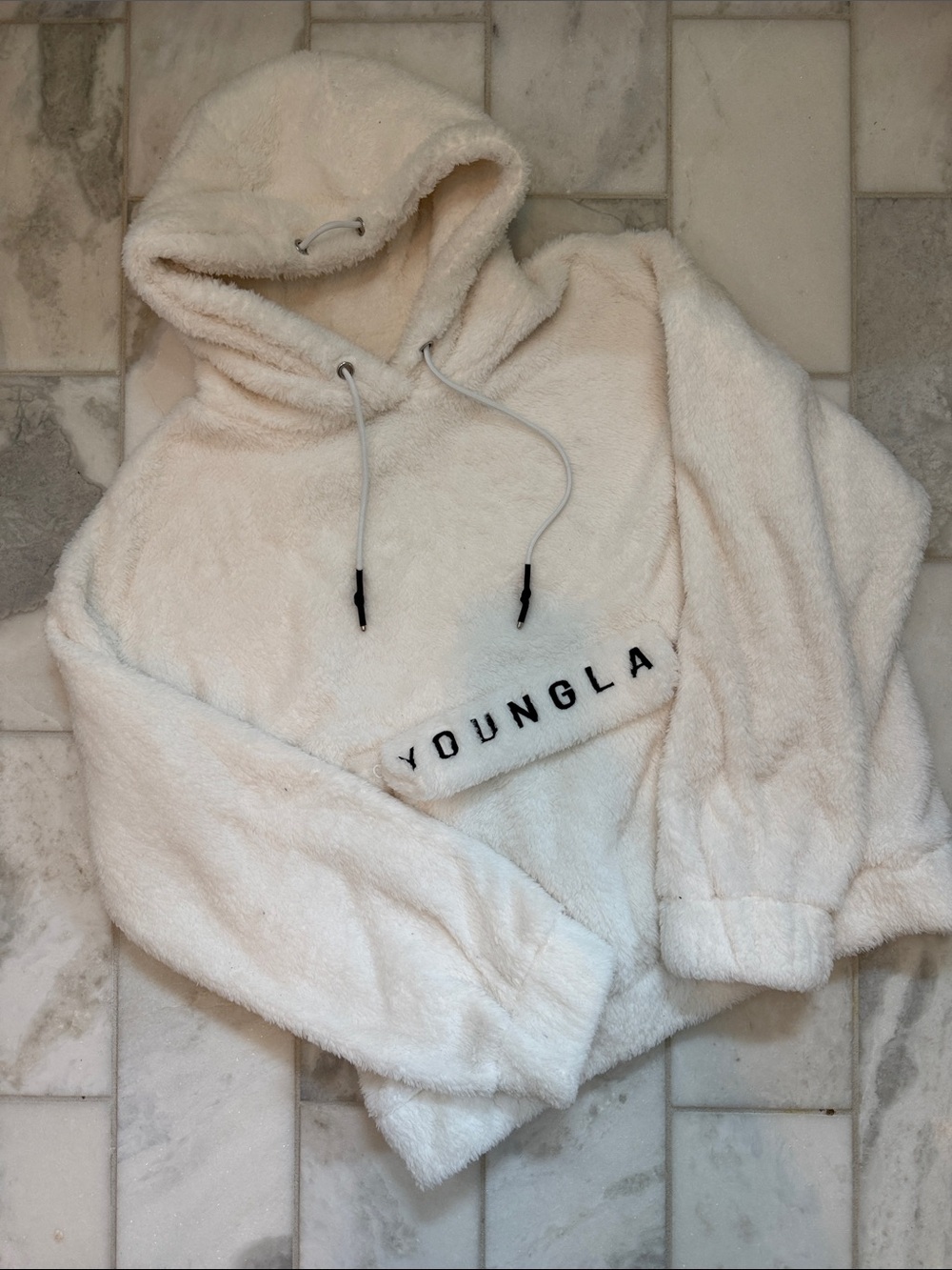 YoungLA Cream Plush Hoodie with Black Label
